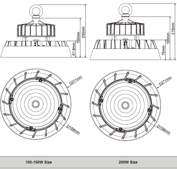 Zoomable IP65 UFO LED High Bay Light Dimension