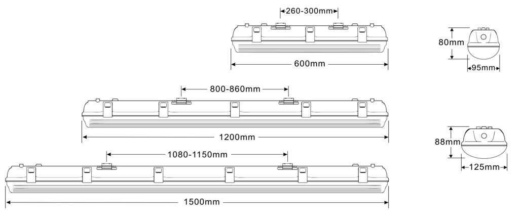 Classic T Series LED Tri-proof Light Dimension