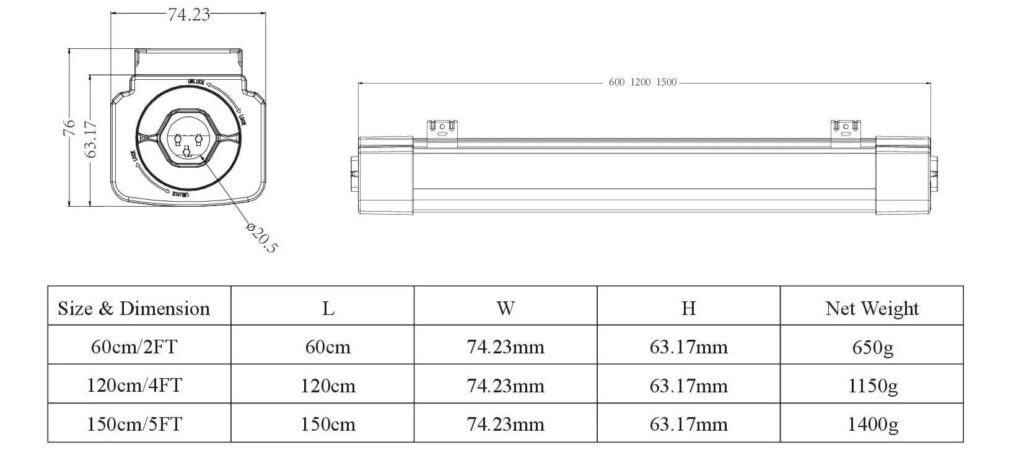 LED Vapor Tight Light Dimension